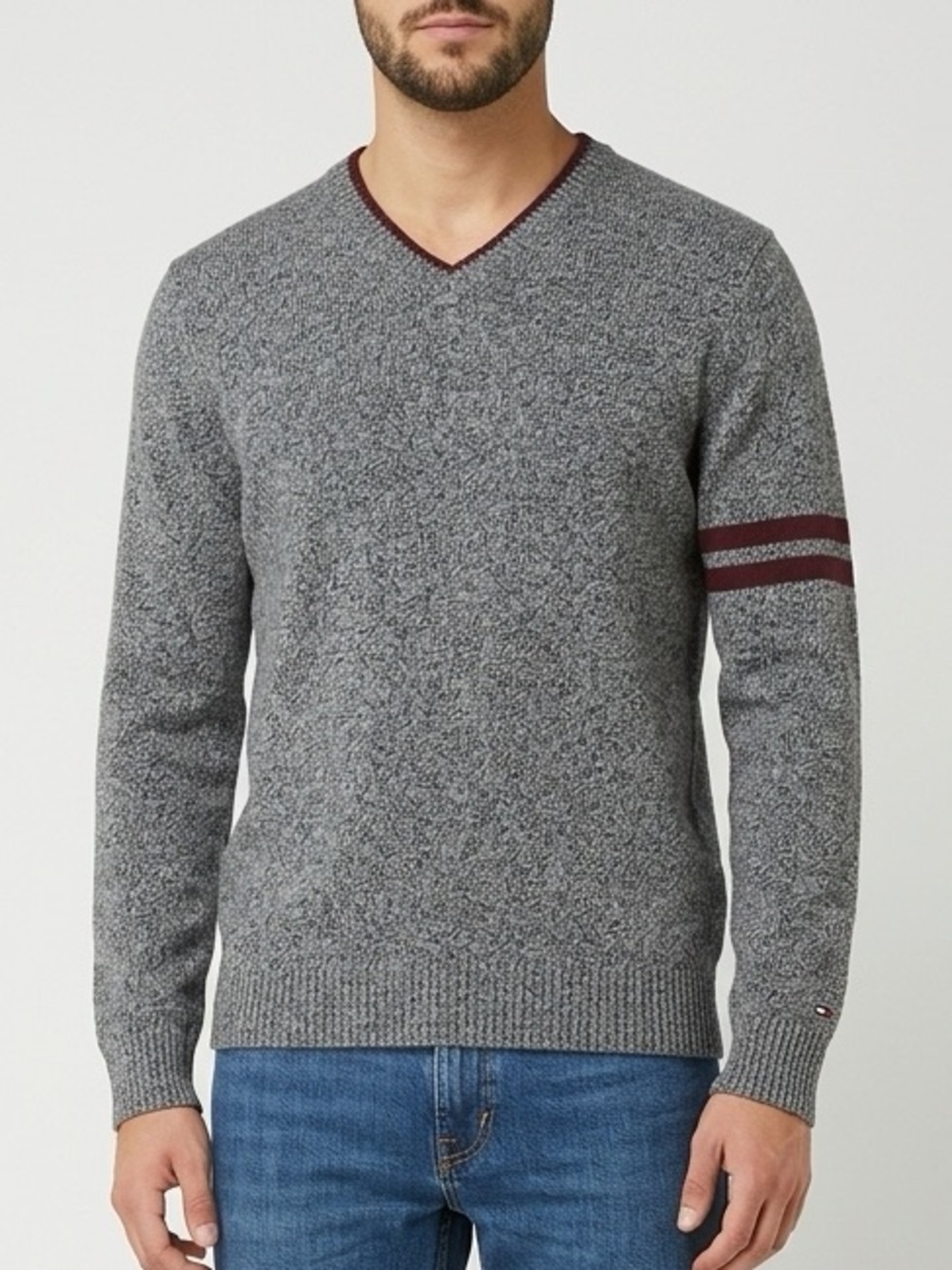 TOMMY HILFIGER V Neck Lambswool Sweater Gray Marled Burgundy Stripes L Large $70